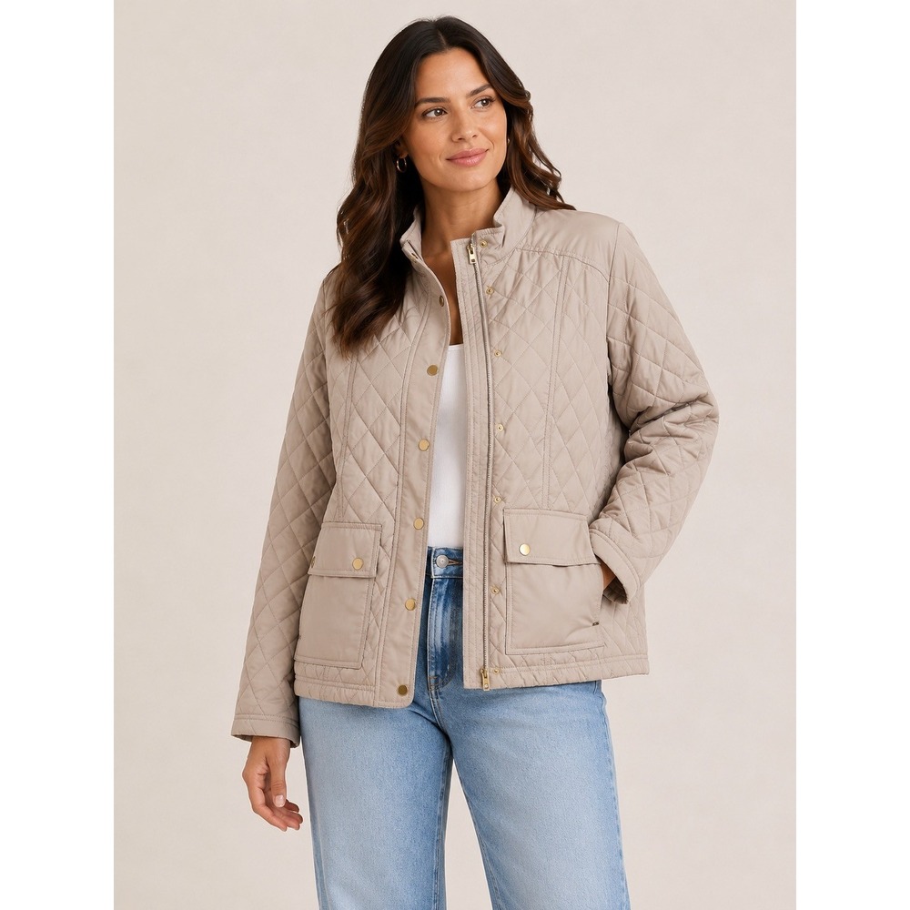 Ava & Viv Tan Quilted Barn Jacket Womens 1X Beige Mock Neck Zip Snap Pockets